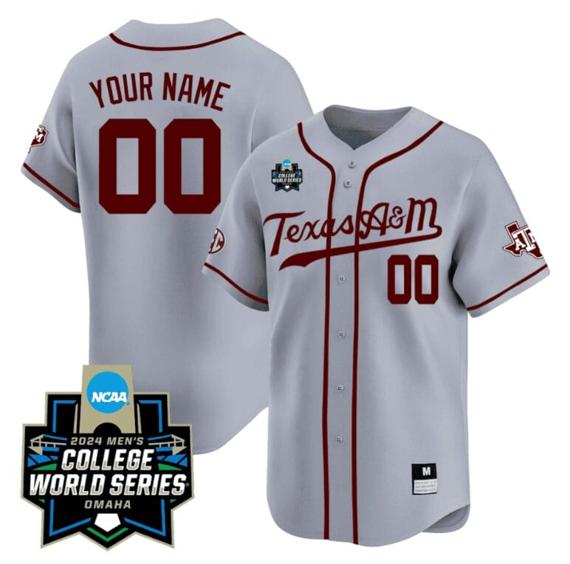 Men's Custom Texas AM Aggies Jersey 2024 College World Series Vapor Premier Limited V2 NCAA Baseball Stitched Grey