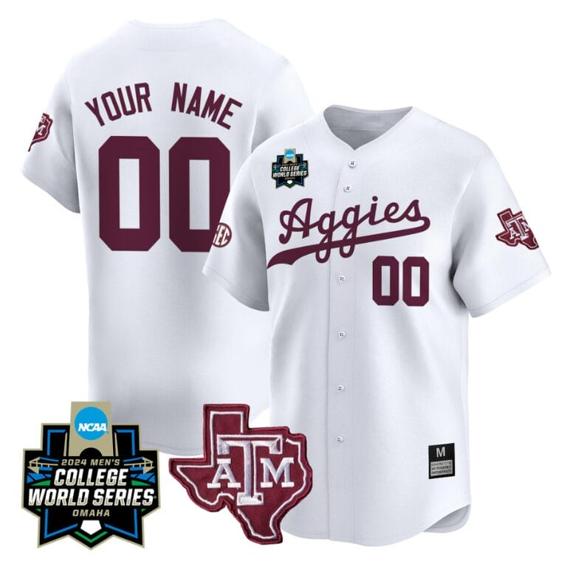 Men's Custom Texas AM Aggies Jersey 2024 College World Series Vapor Premier Limited NCAA Baseball Stitched White