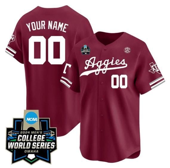 Men's Custom Texas AM Aggies Jersey 2024 College World Series Vapor Premier Limited V2 NCAA Baseball Stitched Aggie Maroon