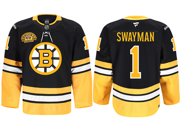 Men's Boston Bruins #1 Jeremy Swayman Black 2024 100th Anniversary Patch Stitched Game Jersey