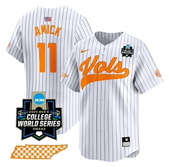 Men's Billy Amick Jersey #11 Tennessee Volunteers 2024 College World Series Vapor Premier Limited NCAA Baseball Stitched Pinstripe