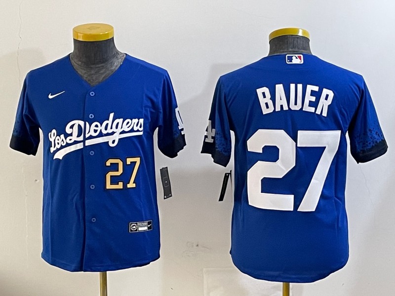 Youth Los Angeles Dodgers #27 Trevor Bauer Royal Nike Cool Base Stitched Jersey