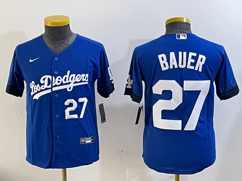 Youth Los Angeles Dodgers #27 Trevor Bauer Royal Cool Base Stitched Jersey
