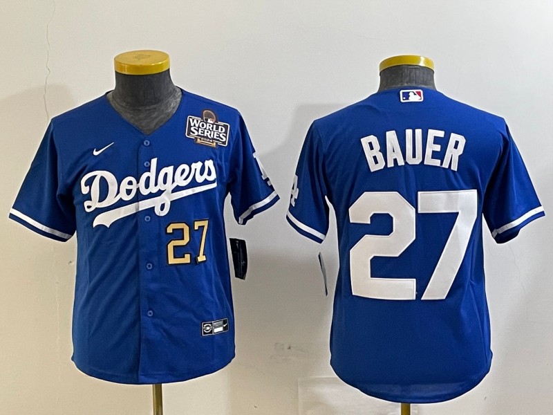 Youth Los Angeles Dodgers #27 Trevor Bauer Blue 2024 World Series Cool Base MLB Stitched Jersey
