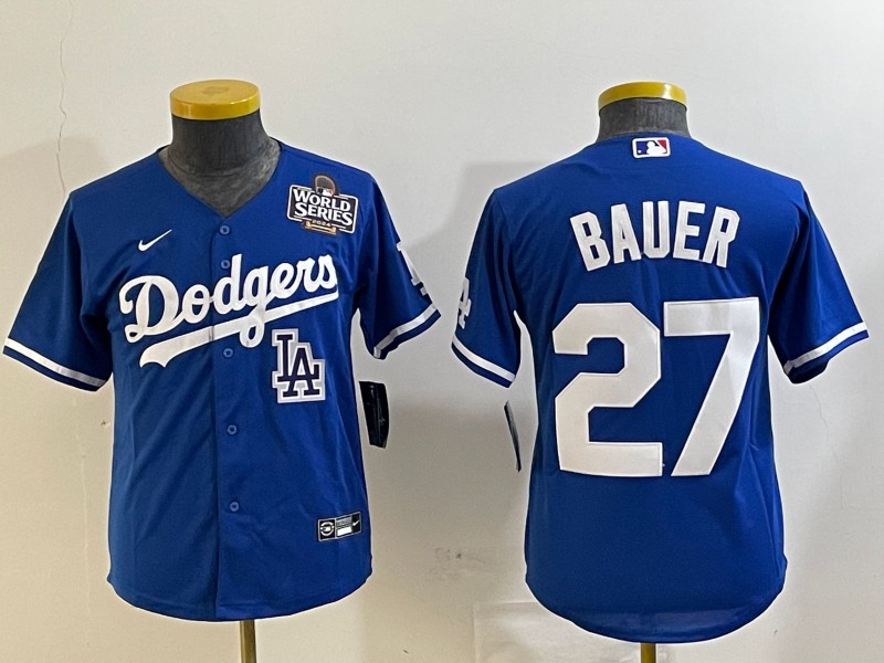 Youth Los Angeles Dodgers #27 Trevor Bauer Blue 2024 World Series Cool Base Nike MLB Stitched Jersey