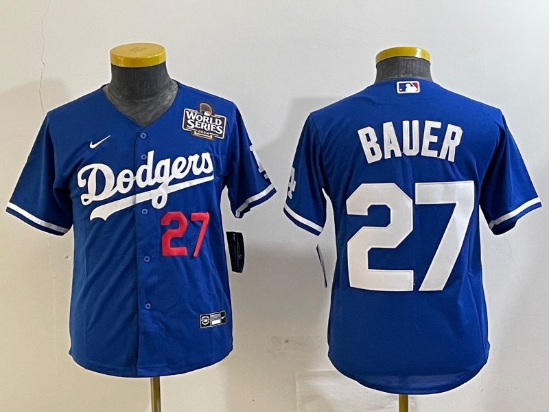 Youth Los Angeles Dodgers #27 Trevor Bauer Blue 2024 World Series Cool Base Stitched Jerseys