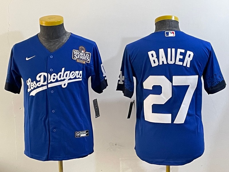 Youth Los Angeles Dodgers #27 Trevor Bauer Royal 2024 World Series Cool Base Stitched Jersey