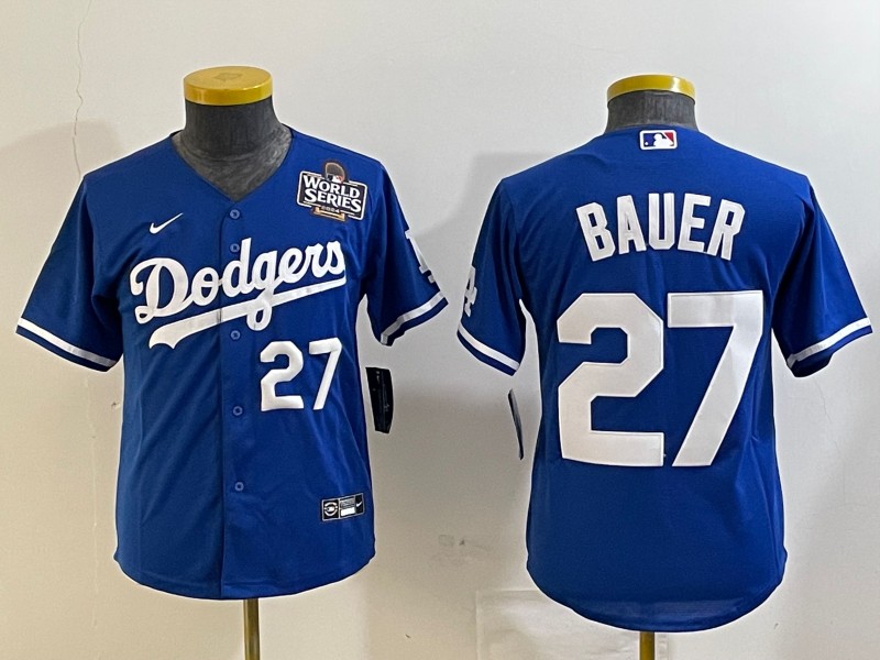 Youth Los Angeles Dodgers #27 Trevor Bauer Blue 2024 World Series Cool Base Stitched MLB Jerseys