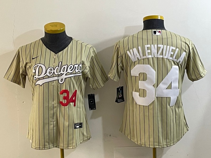 Women's Los Angeles Dodgers #34 Fernando Valenzuela Cream Authentic Collection Stitched MLB Jersey - Number Red