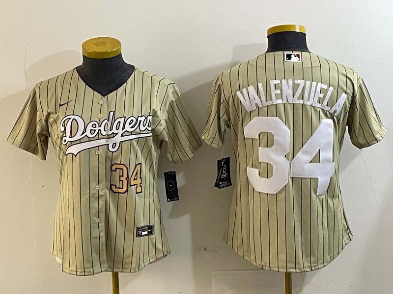Women's Los Angeles Dodgers #34 Fernando Valenzuela Cream Authentic Collection Stitched MLB Jersey - Number Gold
