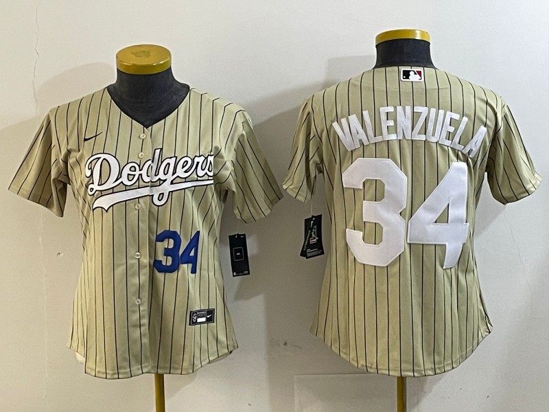 Women's Los Angeles Dodgers #34 Fernando Valenzuela Cream Cool Base Stitched Baseball Jersey - Number Blue