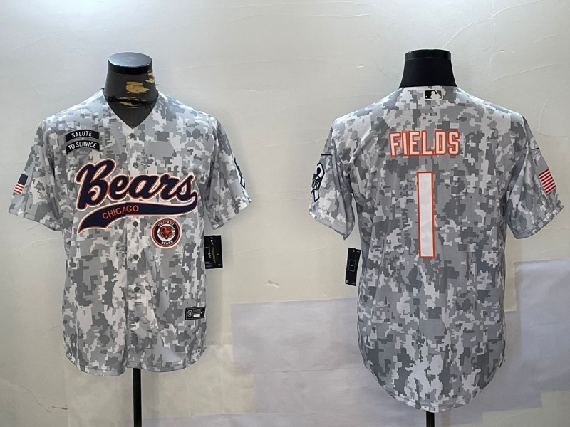 Men's Chicago Bears #1 Justin Fields Team Patch 2024 Arctic Camo Salute to Service Stitched Baseball Jersey