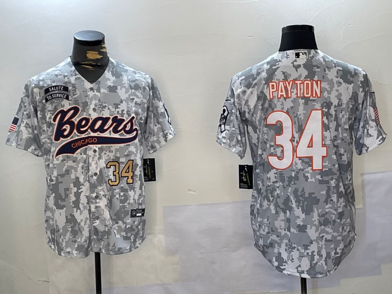 Men's Chicago Bears #34 Walter Payton Number Gold 2024 Arctic Camo Salute to Service Stitched Baseball Jersey