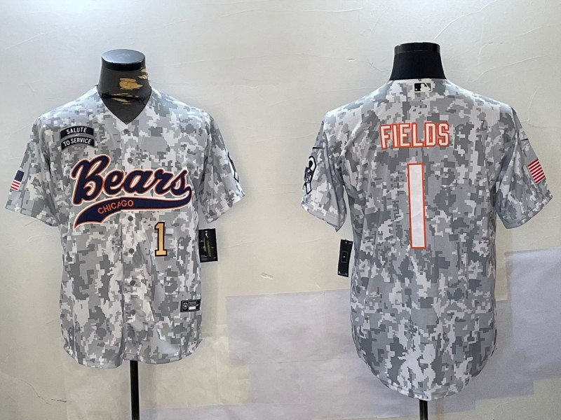 Men's Chicago Bears #1 Justin Fields Number Gold 2024 Arctic Camo Salute to Service Stitched Baseball Jersey