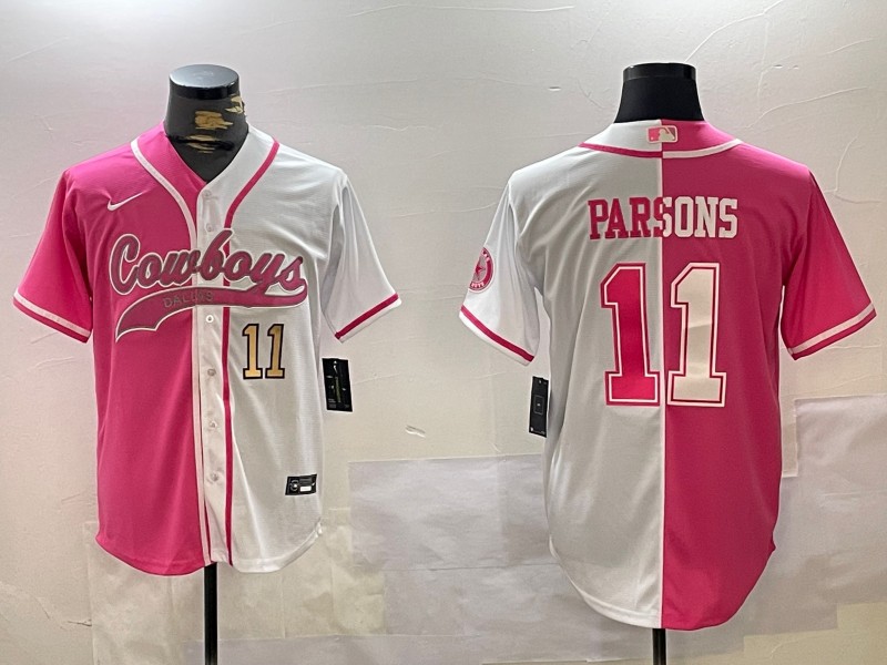 Men's Dallas Cowboys #11 Micah Parsons Red White Split With Number 11 Gold Cool Base Stitched Baseball Jersey