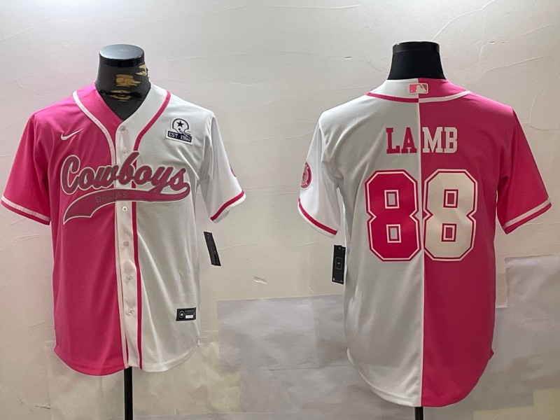 Men's Dallas Cowboys #88 CeeDee Lamb Red White Split Est.1960 Patch Cool Base Stitched Baseball Jersey