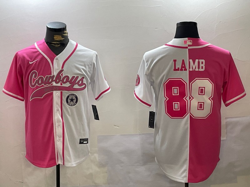 Men's Dallas Cowboys #88 CeeDee Lamb Red White Split With Team Patch Cool Base Stitched Baseball Jersey