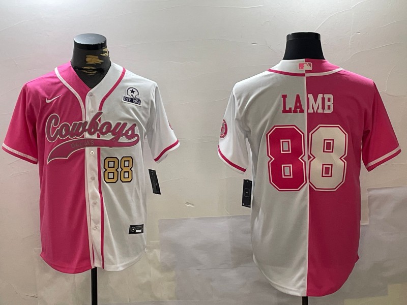 Men's Dallas Cowboys #88 CeeDee Lamb Red White Split Est.1960 & Number 88 Gold Patch Cool Base Stitched Baseball Jersey