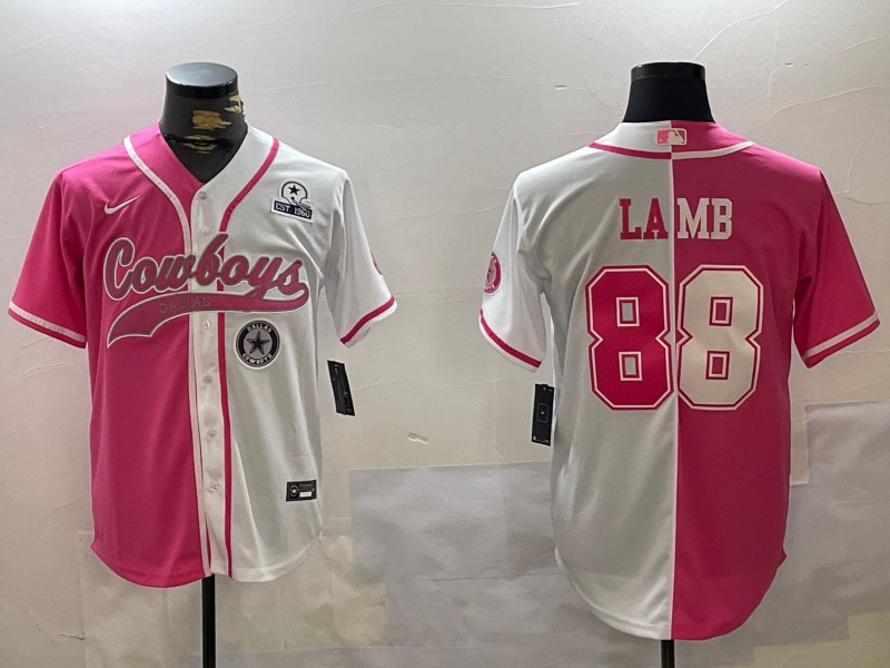 Men's Dallas Cowboys #88 CeeDee Lamb Red White Split Est.1960 & Team Patch Cool Base Stitched Baseball Jersey