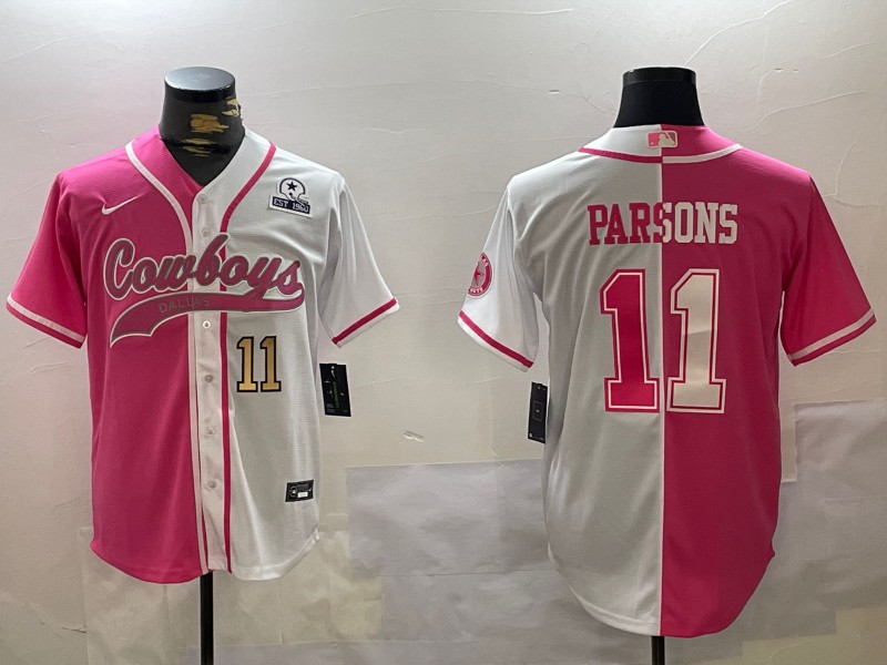 Men's Dallas Cowboys #11 Micah Parsons Red White Split Est.1960 & Gold 11 Number Patch Cool Base Stitched Baseball Jersey