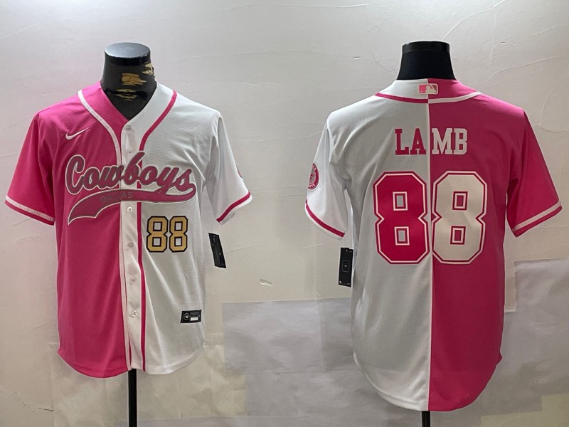 Men's Dallas Cowboys #88 CeeDee Lamb Red White Split Number 88 Gold Cool Base Stitched Baseball Jersey