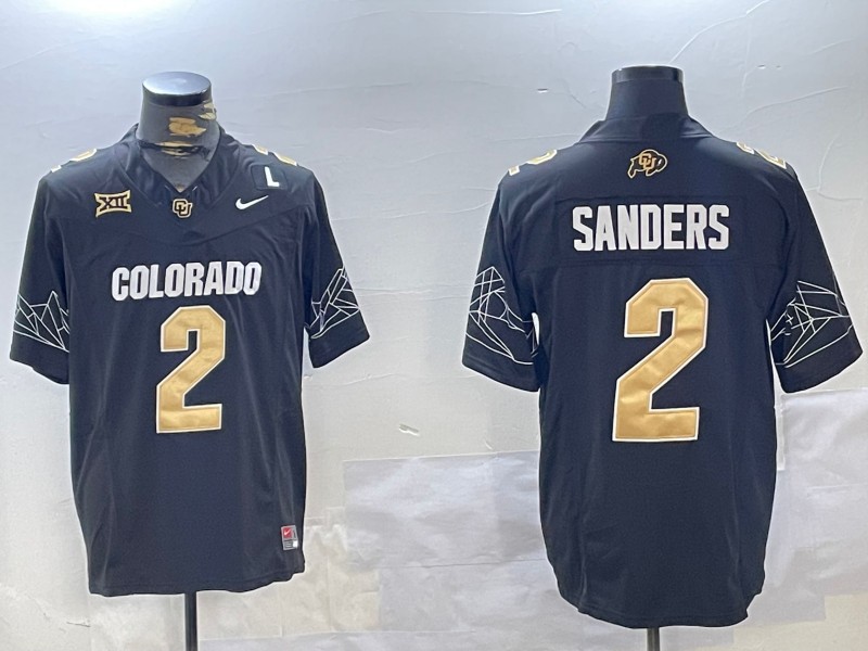 Men's Colorado Buffaloes #2 Shedeur Sanders Black With Big 12 XII And L Patch 2024 F.U.S.E College Football Stitched Jersey