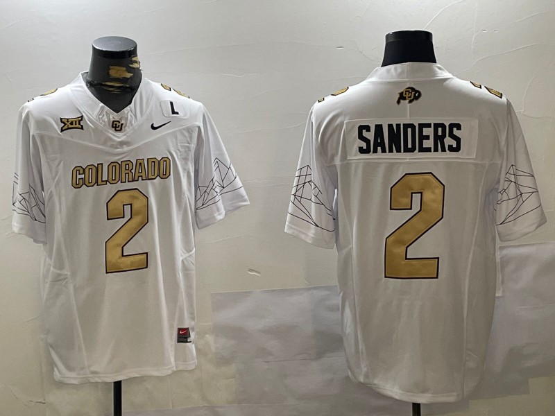 Men's Colorado Buffaloes #2 Shedeur Sanders White With Big 12 XII And L Patch 2024 F.U.S.E College Football Stitched Jersey