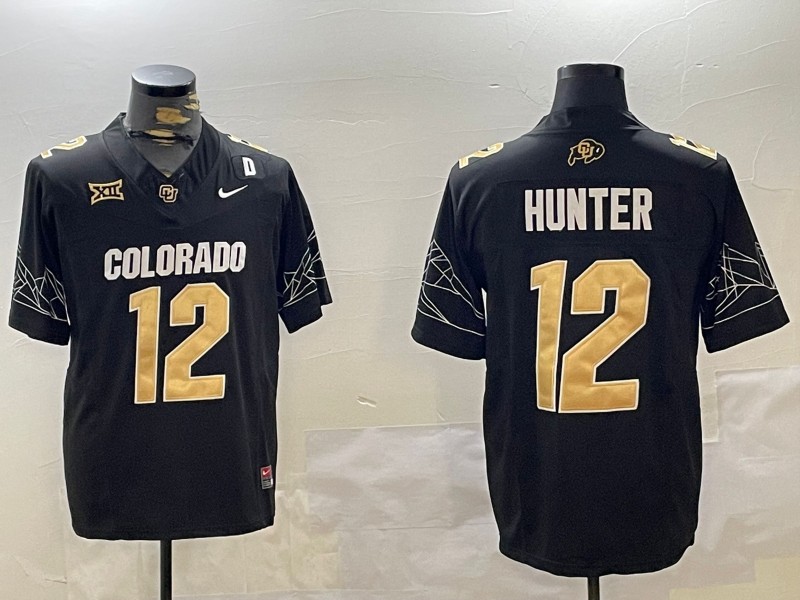 Men's Colorado Buffaloes #12 Travis Hunter Black With Big 12 XII And D Patch 2024 F.U.S.E College Football Stitched Jersey