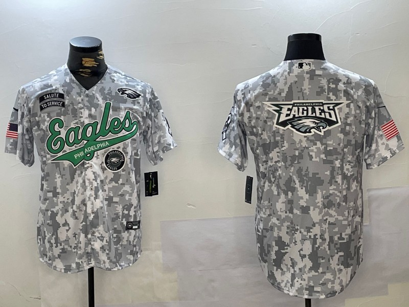 Men's Philadelphia Eagles Big EaglesTeam Logo With two Patch Arctic Camo 2024 Salute to Service Jersey