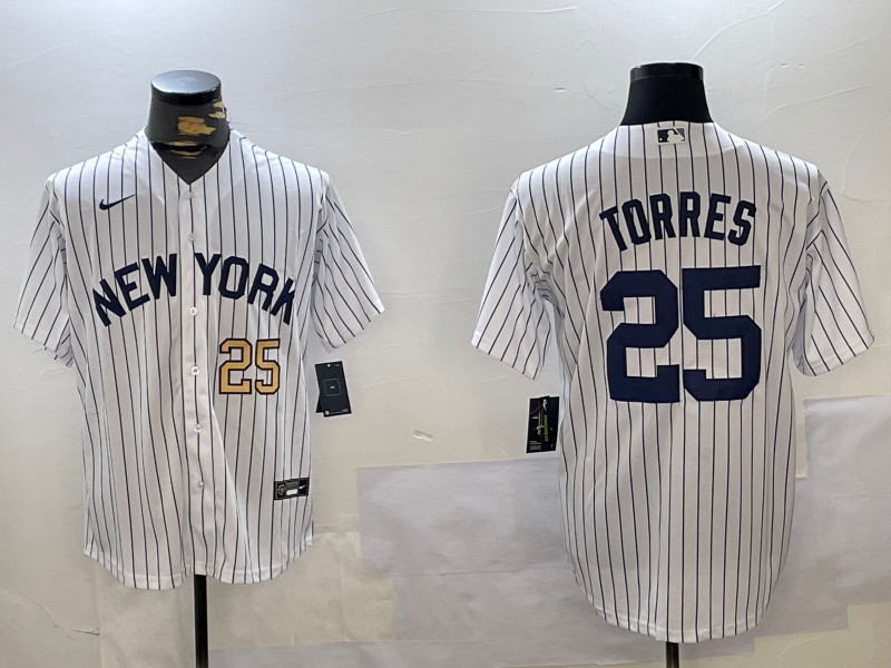 Men's New York Yankees #25 Gleyber Torres White Number Gold 2024 Cool Base Stitched Jersey