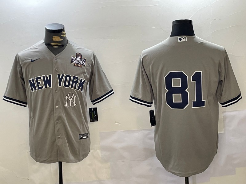 Men's New York Yankees #81 Luis Gil Grey 2024 World Series NY Patch Cool Base Stitched Baseball Player Jerse