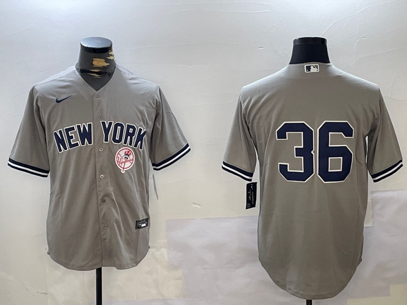 Men's New York Yankees #36 Clarke Schmidt Grey Team Logo Patch Cool Base Stitched Baseball Player Jersey