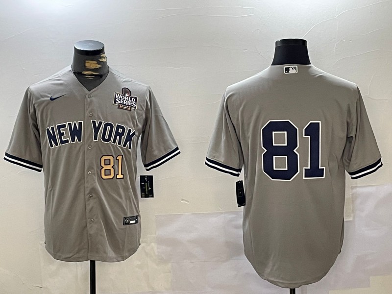 Men's New York Yankees #81 Luis Gil Grey 2024 World Series Number 81 Gold Cool Base Stitched Baseball Player Jersey