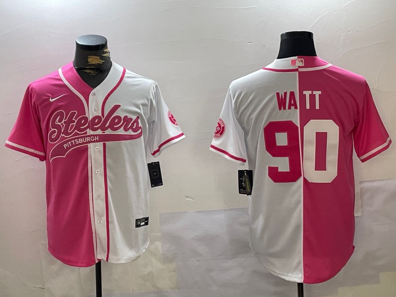 Men's Pittsburgh Steelers #90 T. J. Watt Red White Split Cool Base Stitched Baseball Jersey