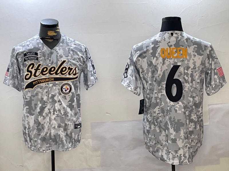Men's Pittsburgh Steelers #6 Patrick Queen Team Logo Patch Arctic Camo 2024 Salute to Service Stitched Baseball Jerseys