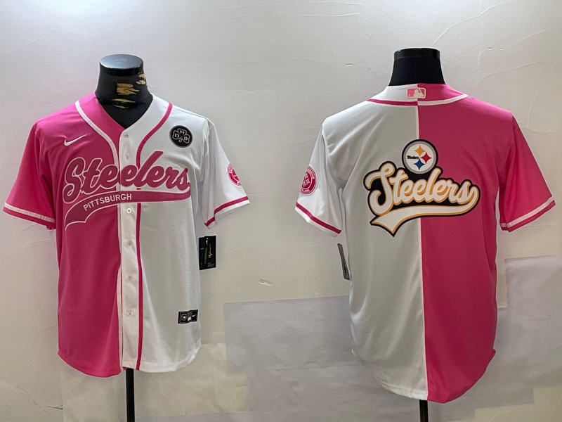 Men's Pittsburgh Steelers Big Logo DMR Patch 2024 Arctic Red White Salute To Service Stitched Baseball Jersey