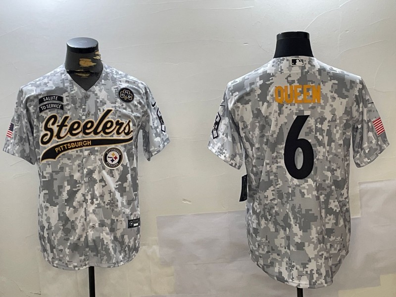 Men's Pittsburgh Steelers #6 Patrick Queen DMR Team Logo Patch Arctic Camo 2024 Salute to Service Stitched Baseball Jerseys
