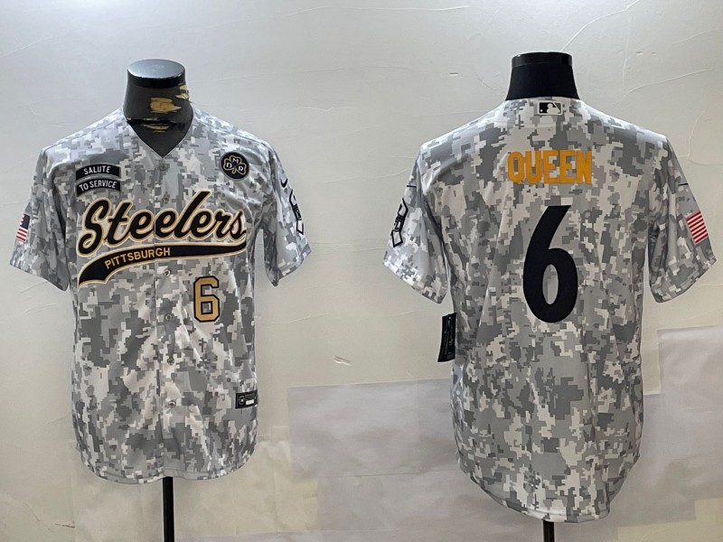 Men's Pittsburgh Steelers #6 Patrick Queen DMR Patch Number 6 Gold Arctic Camo 2024 Salute to Service Stitched Baseball Jerseys
