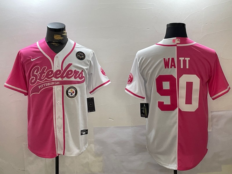 Men's Pittsburgh Steelers DMR Patch #90 T. J. Watt Red White Split With Team Patch Cool Base Stitched Baseball Jersey