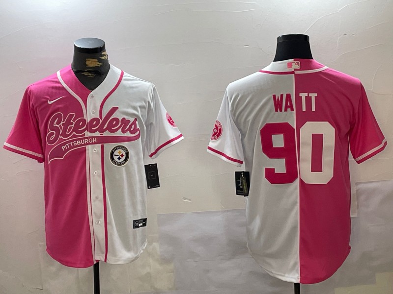 Men's Pittsburgh Steelers #90 T. J. Watt Red White Split With Team Patch Cool Base Stitched Baseball Jersey