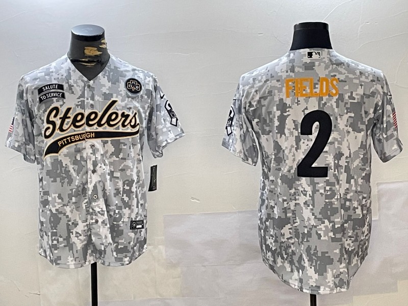 Men's Pittsburgh Steelers #2 Justin Fields DMR Patch 2024 Arctic Camo Salute To Service Stitched Baseball Jerseys