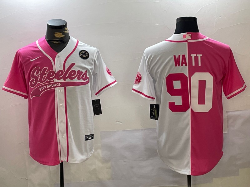 Men's Pittsburgh Steelers DMR Patch #90 T. J. Watt Red White Split Cool Base Stitched Baseball Jersey