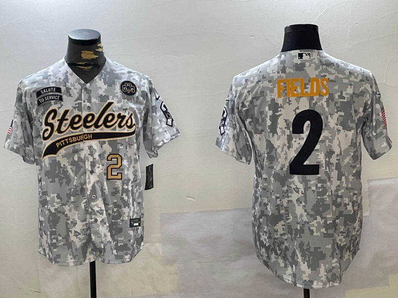 Men's Pittsburgh Steelers #2 Justin Fields DMR Patch Number 2024 Arctic Camo Salute To Service Stitched Baseball Jersey