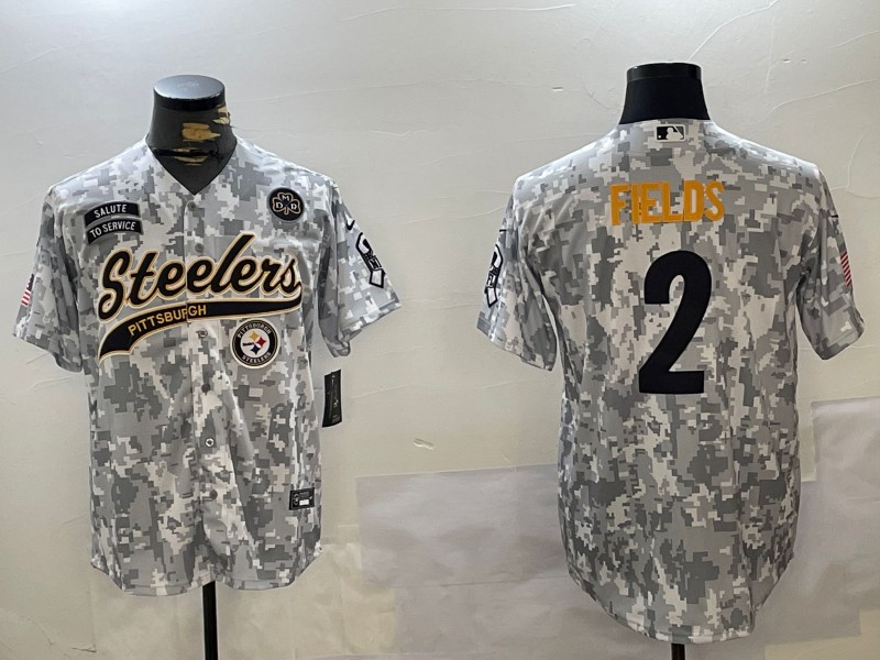 Men's Pittsburgh Steelers #2 Justin Fields DMR and Logo Patch 2024 Arctic Camo Salute To Service Stitched Baseball Jersey