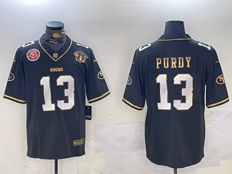 Men's San Francisco 49ers #13 Brock Purdy Black Gold With 75th Anniversary Team SF Logo Patch Stitched NFL Jersey