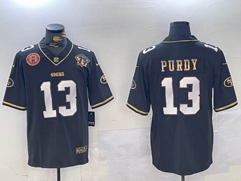 Men's San Francisco 49ers #13 Brock Purdy Black Gold With 75th Anniversary Team Logo Patch Stitched NFL Jerseys