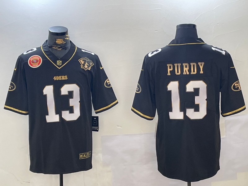 Men's San Francisco 49ers #13 Brock Purdy Black Gold With 75th Anniversary Team Logo Patch Stitched NFL Jersey