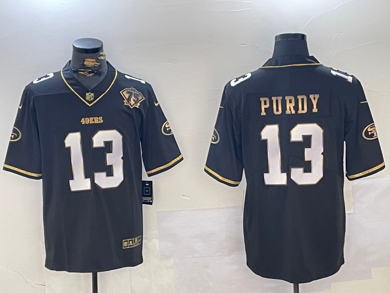 Men's San Francisco 49ers #13 Brock Purdy Black Gold With 75th Anniversary Patch Stitched NFL Jersey