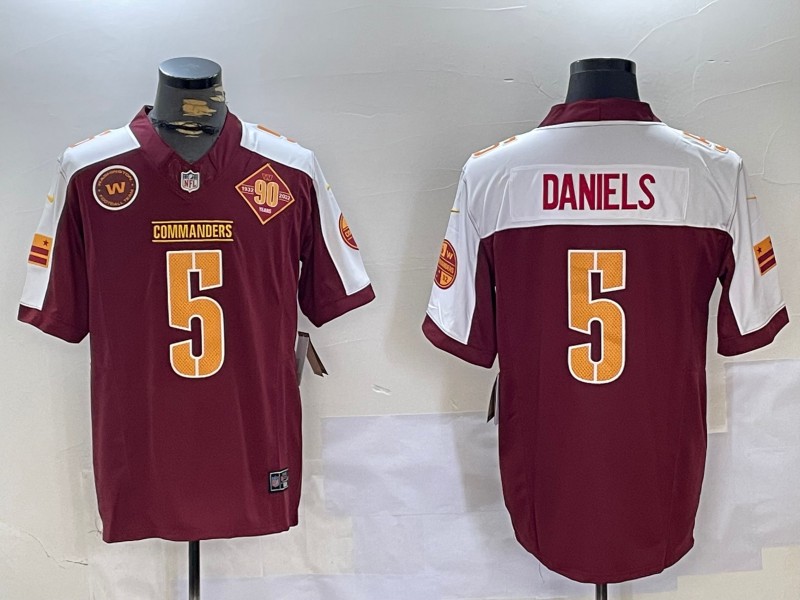 Men's Washington Commanders #5 Jayden Daniels Red Thanksgiving 2024 FUSE With 90th Logo Patch Vapor Limited Stitched Jersey