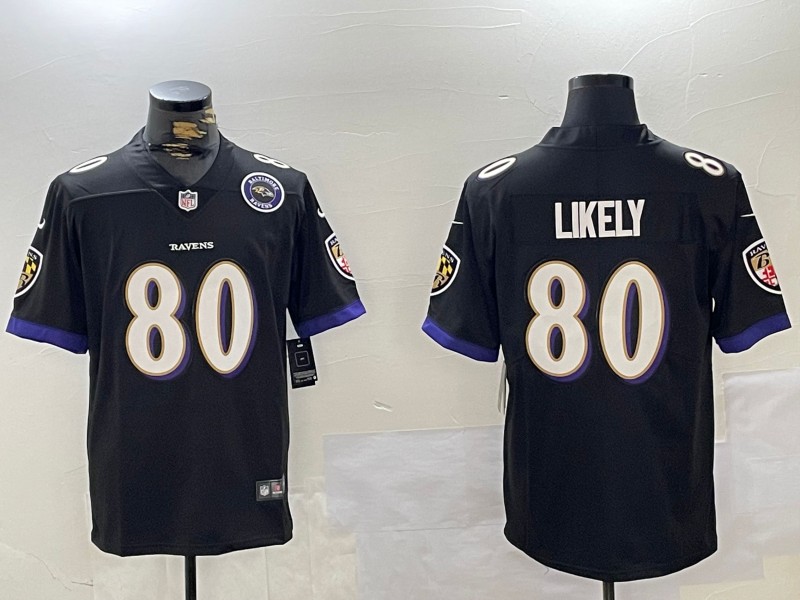 Men's Baltimore Ravens #80 Isaiah Likely Black With 2024 Team Logo Patch Vapor Limited Football Limited Jersey